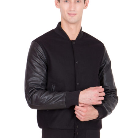 black leather sleeves varsity jacket