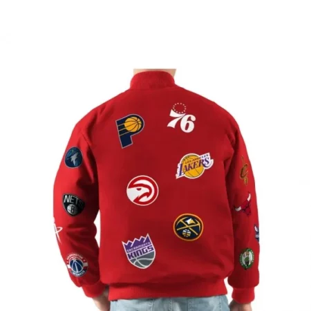 Model wearing Carl Banks NBA Twill Red Collage Jacket back view