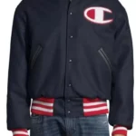 Model in Champion Exclusive varsity jacket, front view