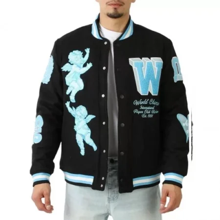 Model wearing Cherub Rock Rebel black varsity jacket front view