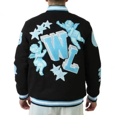 Model wearing Cherub Rock Rebel black varsity jacket back view