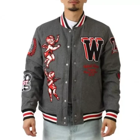 Model wearing Cherub Rock Rebel gray varsity jacket front view