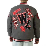 Model in Cherub Rock Rebel gray varsity jacket, front view