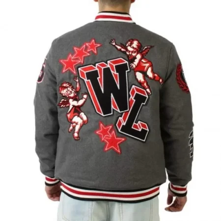 Model wearing Cherub Rock Rebel gray varsity jacket back view