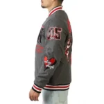 Model in Cherub Rock Rebel gray varsity jacket, front view