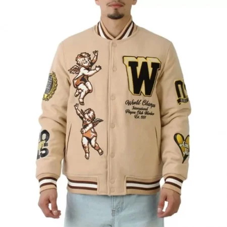 Model wearing Cherub Rock Rebel Minds varsity jacket front view