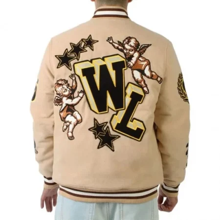 Model wearing Cherub Rock Rebel Minds varsity jacket back view