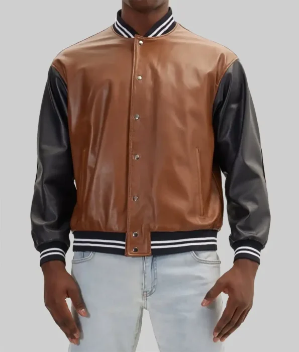 leather varsity jacket brown