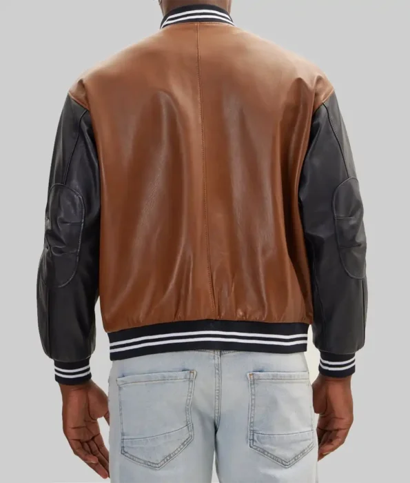 leather varsity jacket brown