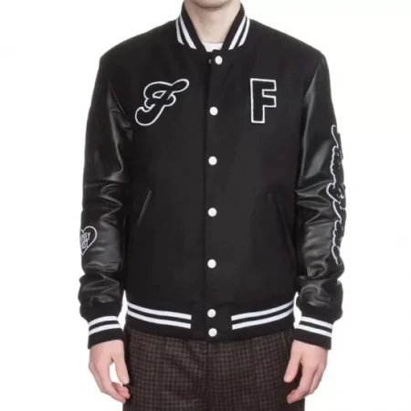 Model wearing Family First Black Varsity Jacket front view