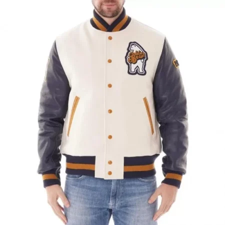 Model wearing Golden Bear Patch varsity jacket front view