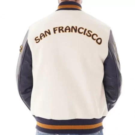 Model wearing Golden Bear Patch varsity jacket back view