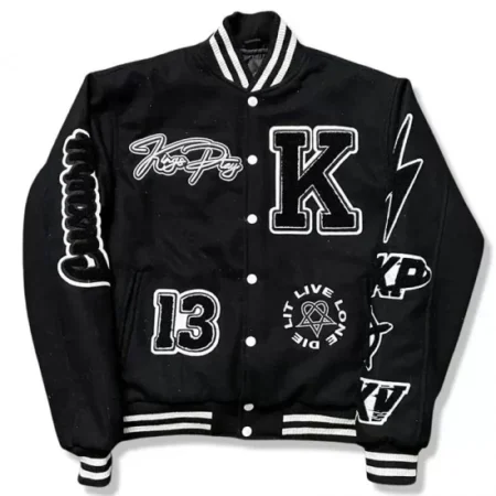 Front view of KP University varsity black jacket