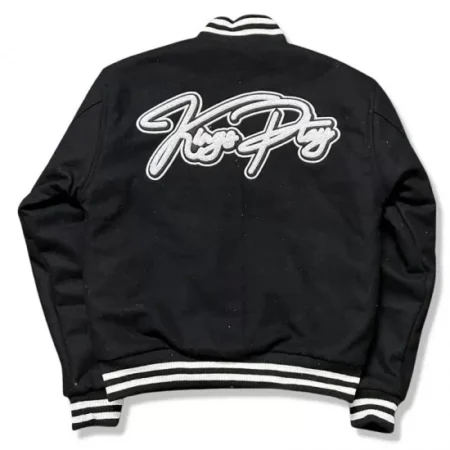 Back view of KP University varsity black jacket