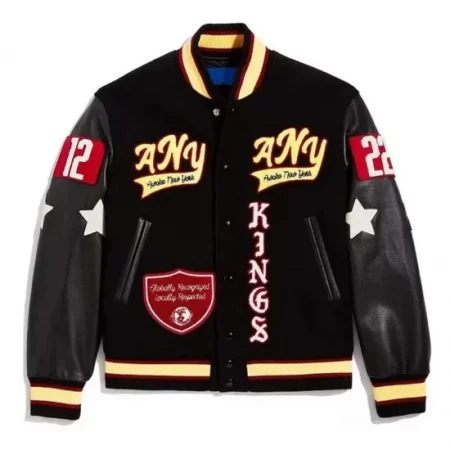 Front view of Kings Awake NY black varsity jacket