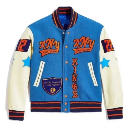 Front view of Kings Awake NY varsity jacket