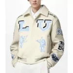 Model in LV Bunny cream varsity jacket, front view