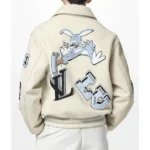 Model in LV Bunny cream varsity jacket, front view