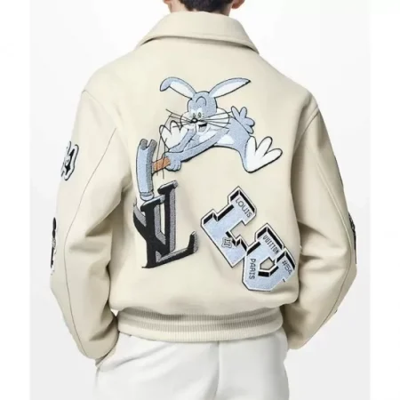 Model wearing LV Bunny cream varsity jacket back view