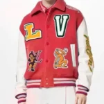 Model wearing LV maroon varsity jacket front view