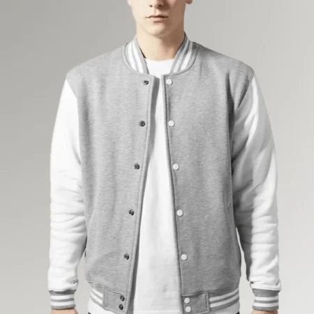 men's grey and white varsity jacket