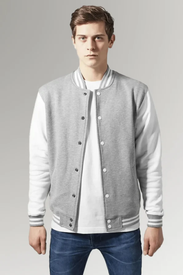 grey and white varsity jacket