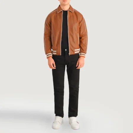 brown varsity jacket with leather sleeves