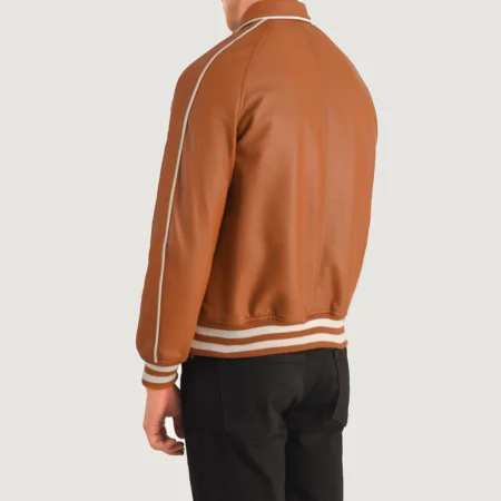 brown varsity jacket with leather sleeves