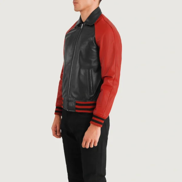 Red Wool And Black Leather Varsity Jacket