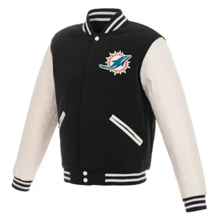 Front view of Miami Dolphins Varsity Black Jacket