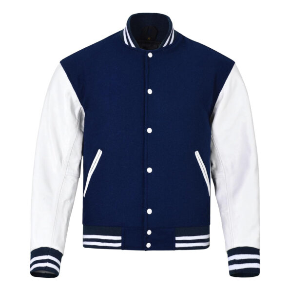 navy blue and white varsity jacket