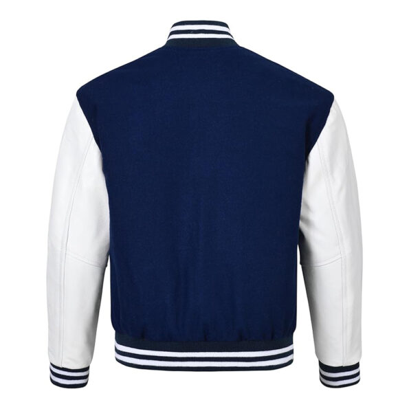 navy blue and white varsity jacket