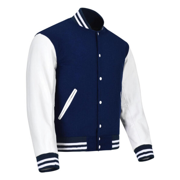 navy blue and white varsity jacket