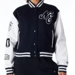 Model in New Era Womens Black Varsity Jacket, front view