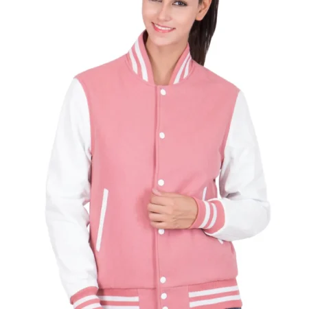 white and pink varsity jacket