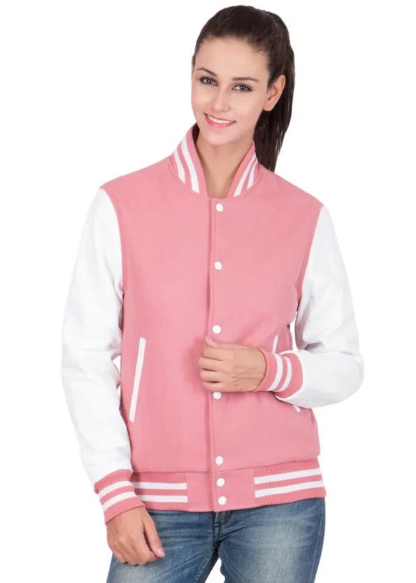 white and pink varsity jacket