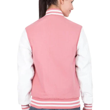 white and pink varsity jacket