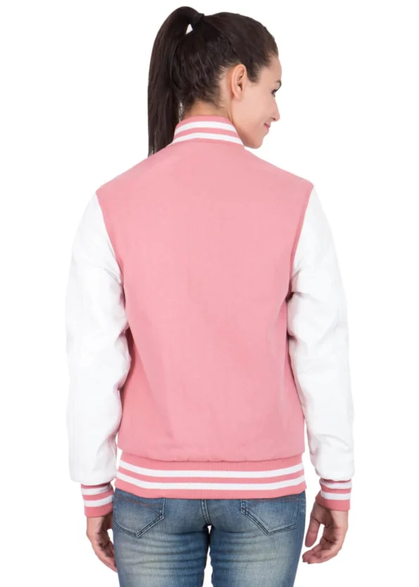 white and pink varsity jacket