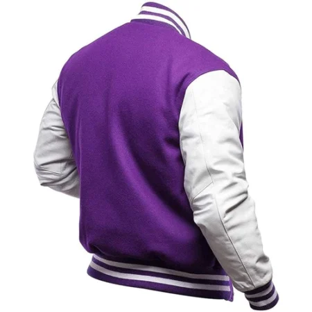 purple and white varsity jacket