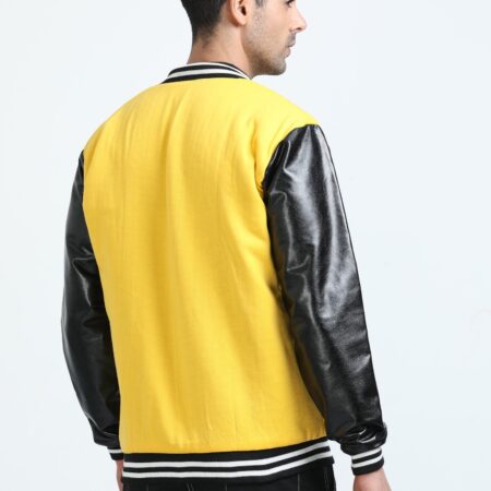 men's black and yellow varsity jacket