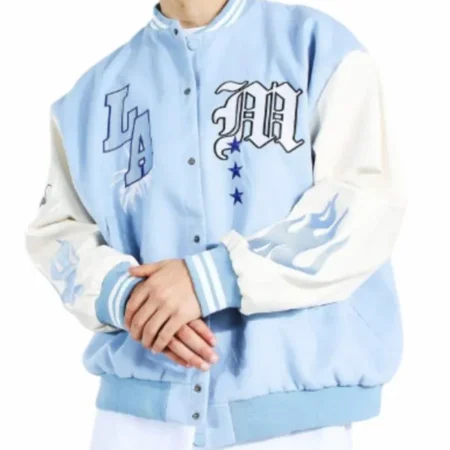 light blue and white varsity jacket