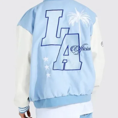 light blue and white varsity jacket