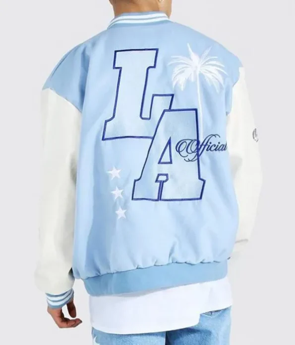 light blue and white varsity jacket