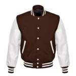 brown and white varsity jacket