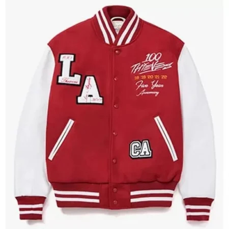 Front view of 100 Thieves 5-Year Varsity Jacket