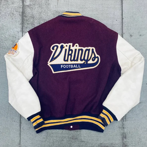 Back view of 1980s Vikings NFC Patch Varsity Jacket.