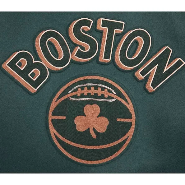 Close-up of 2023/24 Boston Celtics Varsity Jacket design and fabric.