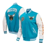 Front and back views of Charlotte Hornets City Varsity Jacket together.