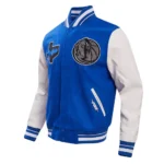 Combined front and back views of Dallas Mavericks City Varsity Jacket.