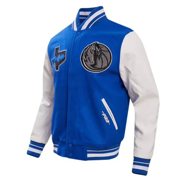 Side view of Dallas Mavericks City Varsity Jacket in blue